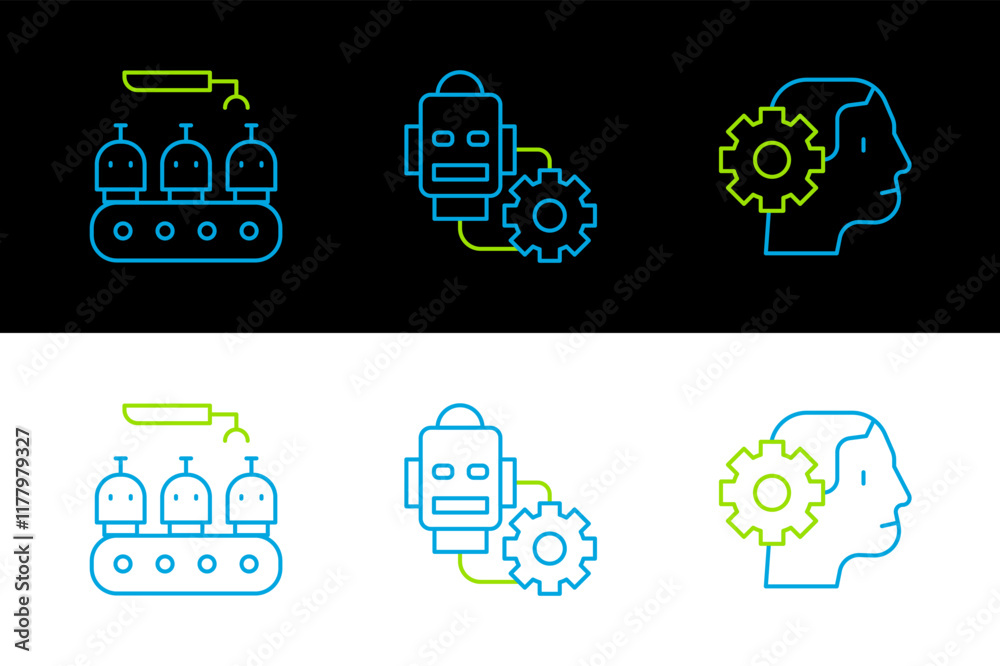 Poster set line humanoid robot, industrial production of robots and robot setting icon. vector