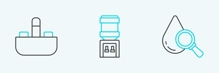 Set line Drop and magnifying glass, Washbasin with water tap and Water cooler icon. Vector
