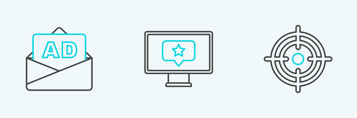 Set line Target, Advertising and Monitor with star icon. Vector
