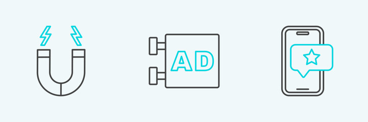 Set line Mobile with review rating, Magnet and Advertising icon. Vector