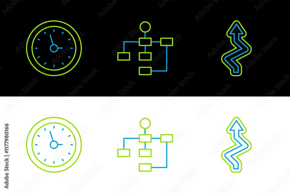 Poster set line arrow, clock and hierarchy organogram chart icon. vector