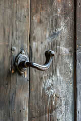 Rustic Metallic Handle on Aged Wooden Door &ndash; A Close-Up View of Time-Worn Elegance and History
