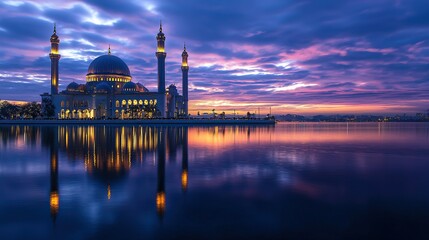 Obraz premium Mosque reflection at sunrise over calm water with city skyline.