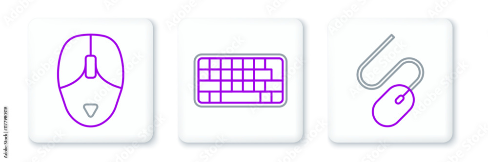 Poster set line computer mouse, and keyboard icon. vector