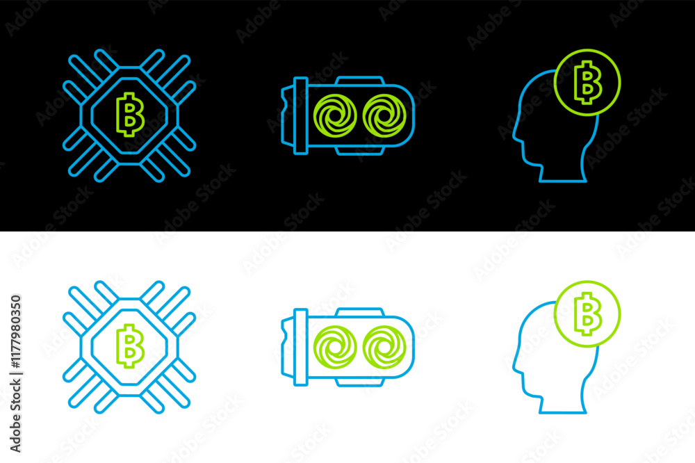 Poster set line bitcoin think, cpu mining farm and mining icon. vector