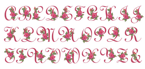 Collection of Calligraphy Alphabet Set decorated with roses on white background. Hand drawn watercolor alphabet letters with red roses. Design for wedding, birthday, baby shower, creative ideas