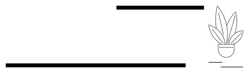 Obraz premium Black horizontal lines at varying lengths and a simple potted plant with three leaves. Ideal for modern home decor, minimalism art, graphic design inspiration, nature themes, abstract compositions