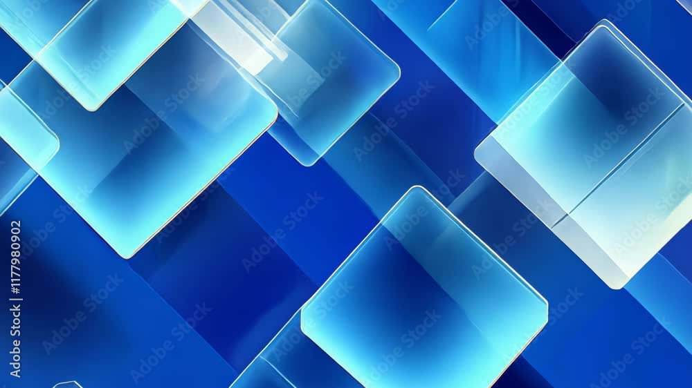 Poster geometric abstraction featuring layers of blue tones and translucent shapes creating a dynamic visua