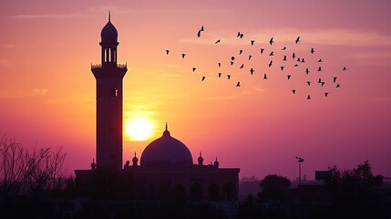Mosque silhouette at sunset with birds flying, urban background. © arsyi_06