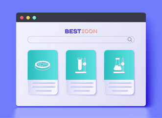 Set Test tube flask on stand, Petri dish with bacteria and icon. Vector