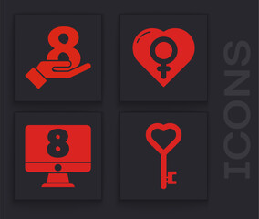 Set Key in heart shape, 8 March on hand, Female gender in heart and 8 March on monitore icon. Vector