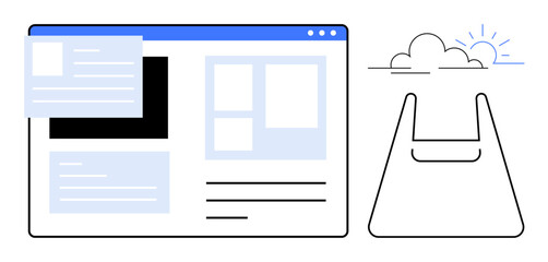 Screen with various UI elements, adjacent to shopping bag beneath sun, clouds. Ideal for website design, e-commerce, user experience, digital marketing, online shopping, web development conceptual
