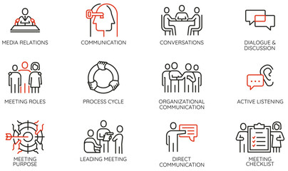 Vector Set of Linear Icons Related to Business Meeting, Team Work, Leadership Traits, Relationship. Mono line pictograms and infographics design elements