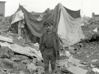 Homeless child standing amidst debris of destroyed building