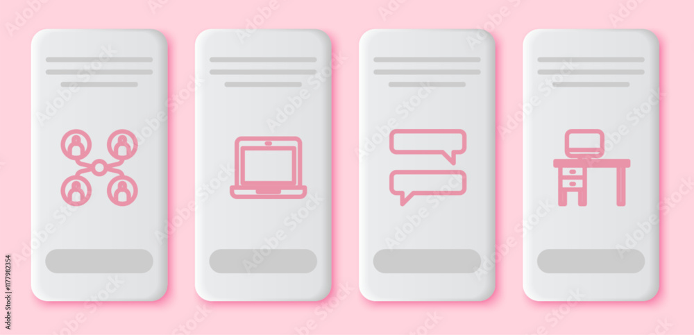 Poster set line online class, laptop, speech bubble chat and computer monitor and desk. white rectangle but