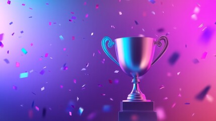 Trophy championship prize. Winner award banner with shiny golden cup and falling confetti, sport or business award.