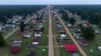 Obraz premium Aerial view of small town street at dusk. Possible use Stock photo.