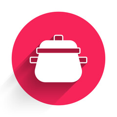 White Cooking pot icon isolated with long shadow. Boil or stew food symbol. Red circle button. Vector