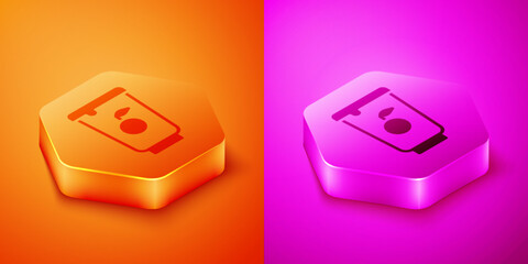 Isometric Yogurt container icon isolated on orange and pink background. Yogurt in plastic cup. Hexagon button. Vector