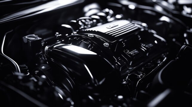 Close up black and white car engine banner on dark background with copy space for text
