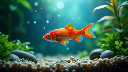 Naklejka premium A vibrant fish swimming in a colorful aquarium, surrounded by aquatic plants and shimmering scales. This peaceful scene highlights the beauty of aquatic pets, making it perfect for National Pet Day.