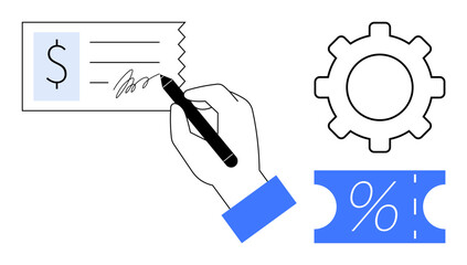 Hand writes signature on check, adjacent to gear cog and discount ticket. Ideal for financial transactions, operational efficiency, discount offers, business processes, cost control, workflow