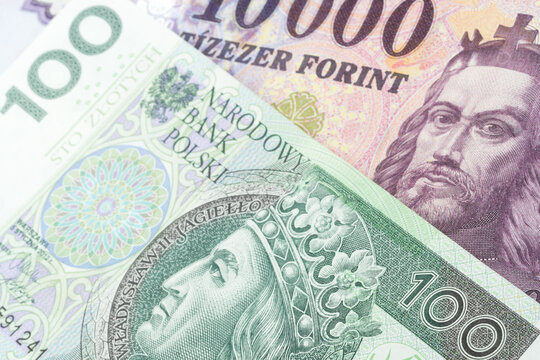 Polish 100 zloty bill and Hungarian 100 forint bill. International trade concept