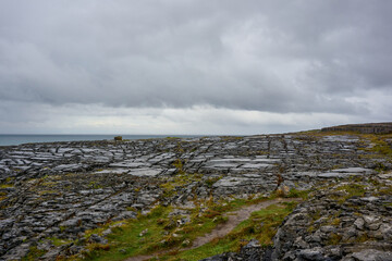 A serene view of The Burren in County Clare, Ireland, featuring flat limestone pavements with...