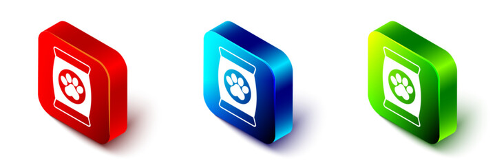 Isometric Bag of food for pet icon isolated on white background. Food for animals. Dog bone sign. Pet food package. Red, blue and green square button. Vector
