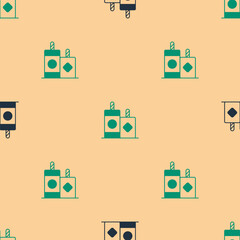 Green and black Firework icon isolated seamless pattern on beige background. Concept of fun party. Explosive pyrotechnic symbol. Lighting firecrackers. Vector