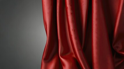 A luxurious red fabric hangs softly showcasing its smooth texture and vibrant color contrasting against a subtle dark backdrop highlighting its elegance