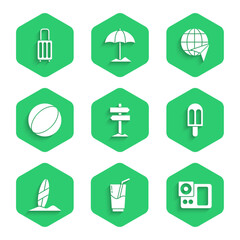 Set Road traffic signpost, Cocktail and alcohol drink, Photo camera, Ice cream, Surfboard, Beach ball, Globe with flying plane and Suitcase icon. Vector