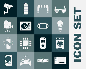Set Graphic tablet, Washer, Light bulb with concept of idea, Air headphones, Vinyl player, Retro cinema camera, Security and Portable video game console icon. Vector