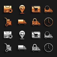Set Delivery cargo truck vehicle, Logistics delivery and clock, Clock, tracking, Hand boxes, Online shopping on screen, Carton cardboard delete and Location with icon. Vector