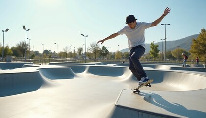 Skateboarder performing a trick in a sunny skate park with excitement