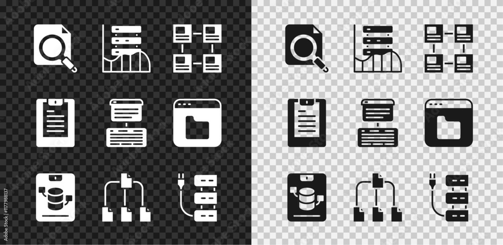 Poster set search concept with folder, server, data, web hosting, hierarchy organogram chart, folder tree, 