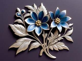 Elegant metallic floral ornament with blue flowers on dark background
