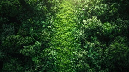 Lush Green Path Through a Vertical Garden: An aerial view of a vibrant, green pathway cutting through a dense wall of foliage, creating a striking visual contrast.