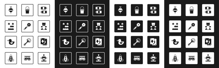 Set Battery, Magic wand, Toy building block bricks, Whirligig toy, Teddy bear plush, Sand bucket, Playing cards and Rubber duck icon. Vector