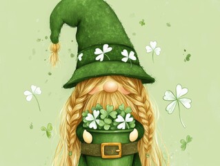Cute Gnome with Long Golden Braided Hair and Green Hat with White Shamrock Patterns, Holding a Green Object - Fantasy Character for St. Patrick's Day or Mythical Themes