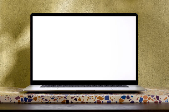 Laptop Mockup With White Screen On Terrazzo Stand - Powered by Adobe
