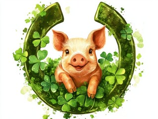 Cute Pig Inside Green Clover Leaves Within an Irish Horseshoe, Clipart Style Suncatcher with High Detail - Ideal for St. Patrick's Day Decor or Good Luck Themes