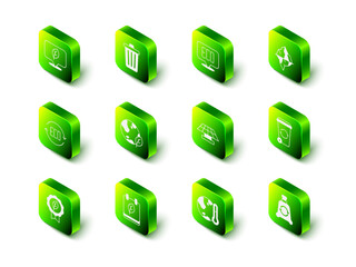 Set Trash can, Leaf Eco symbol, Iceberg, Recycle bin, Garbage bag with recycle, Solar energy panel, Earth melting to global warming and Calendar autumn leaves icon. Vector