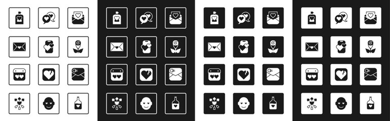 Set Envelope with Valentine heart, Dating app online mobile, Perfume, Flower rose, Heart speech bubble, and Calendar icon. Vector