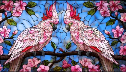 stained glass pink cockatoos on a branch with cherry blossoms1.jpg