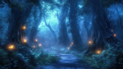 Enchanted Forest Pathway with Glowing Lights at Twilight