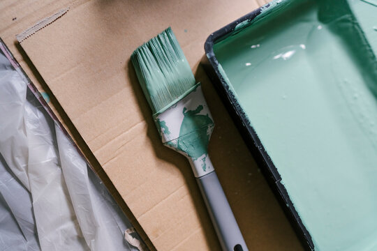 Paintbrush and Green Paint Tray