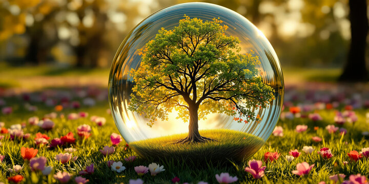 Une bulle de verre prot&egrave;ge un monde miniature : un arbre de vie symbolique se dresse dans un paysage apaisant de collines et de lumi&egrave;re douce.