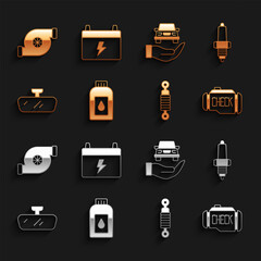 Set Canister for motor machine oil, Car spark plug, Check engine, Shock absorber, mirror, Auto service check automotive, Automotive turbocharger and battery icon. Vector