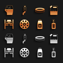 Set Alloy wheel for car, Canister gasoline, Car key with remote, motor machine oil, Repair on lift, filter, door and muffler icon. Vector